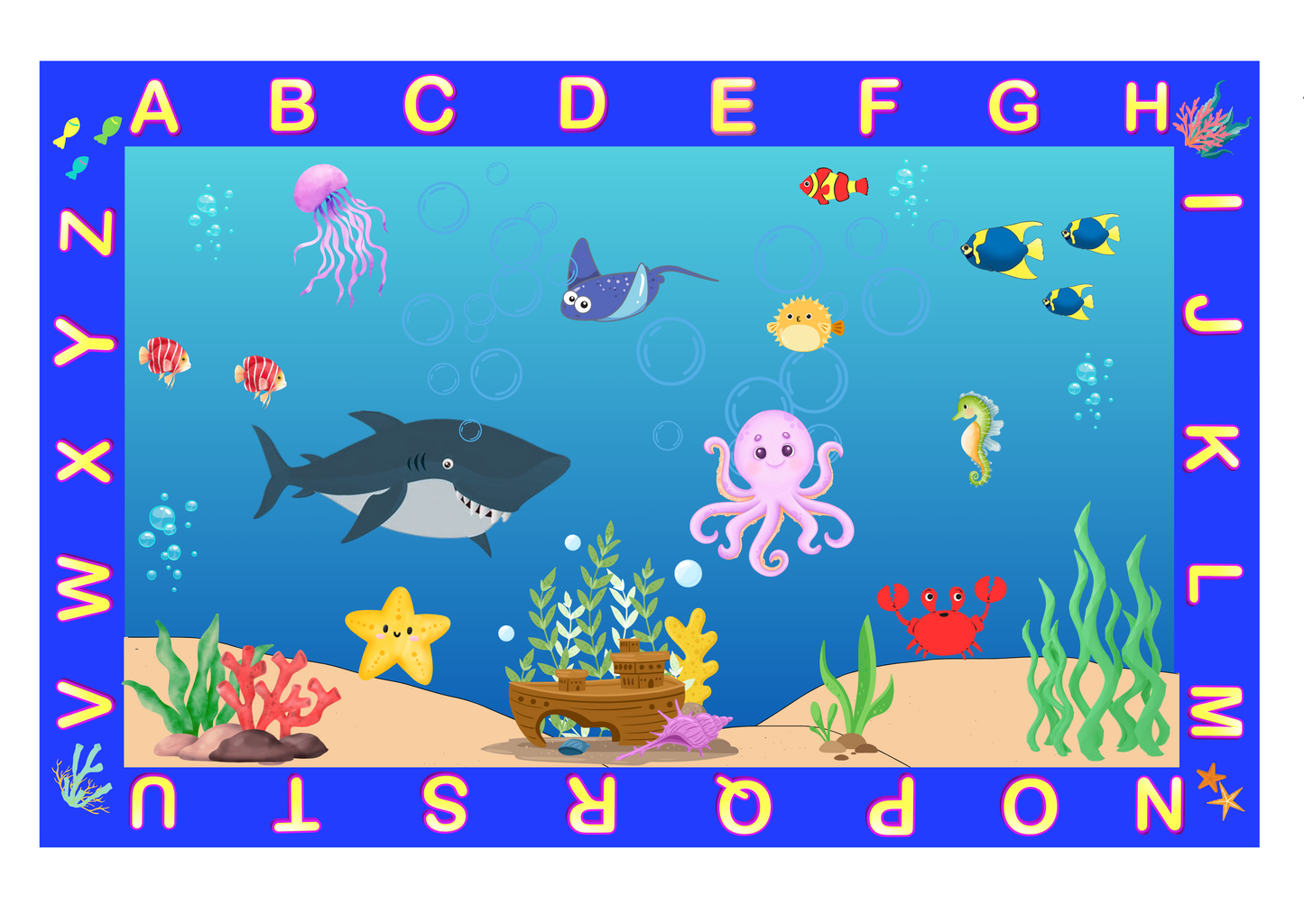 All the Fish in the Sea Underwater Ocean Theme Educational Classroom Area Rug 6'x 9'