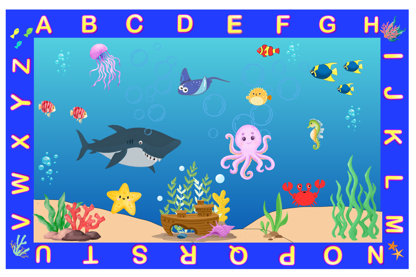 All the Fish in the Sea Underwater Ocean Theme Educational Classroom Area Rug 6'x 9'