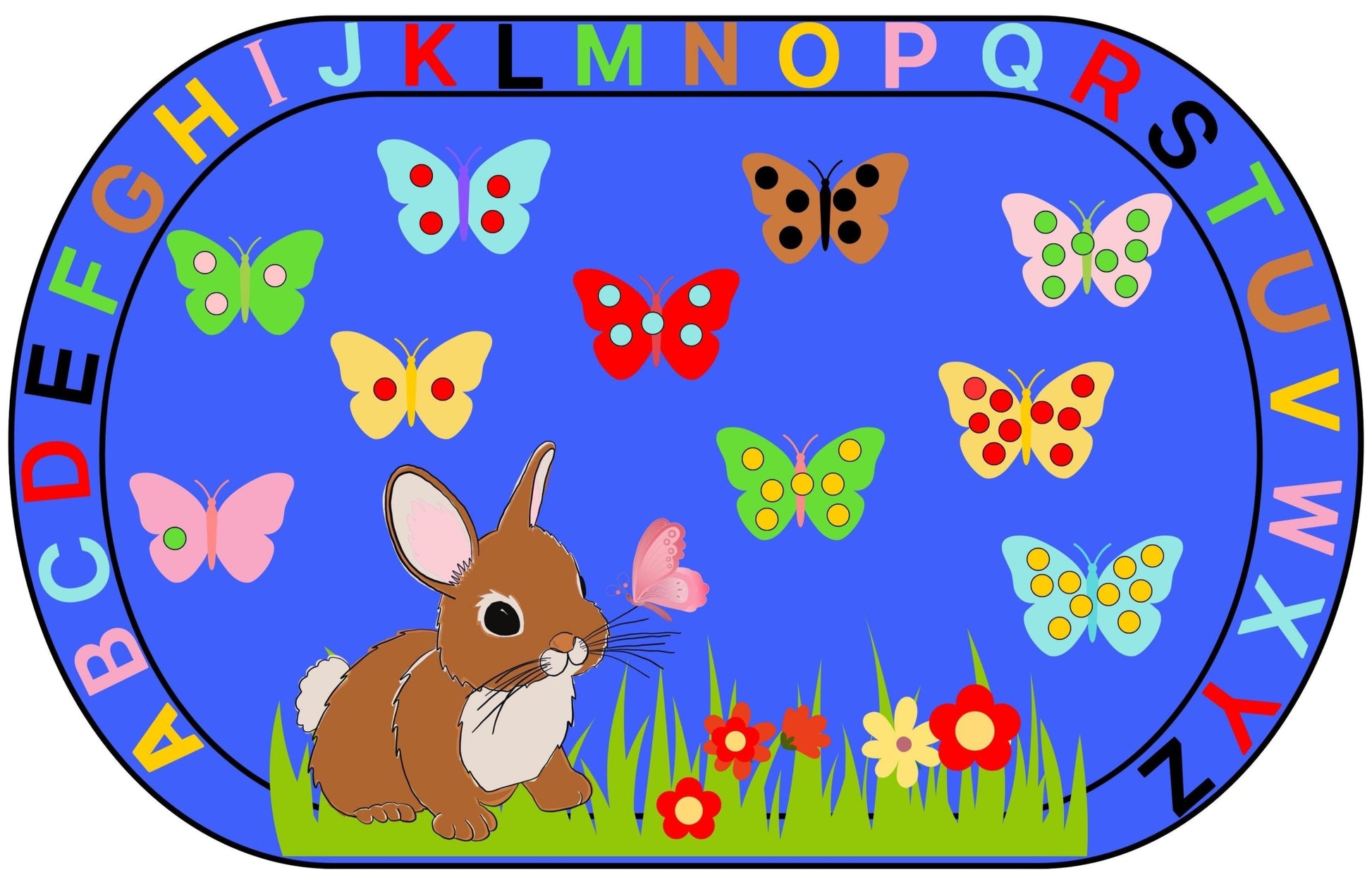 Bunny ABCs Flowers Butterflies Classrom Kids Rug