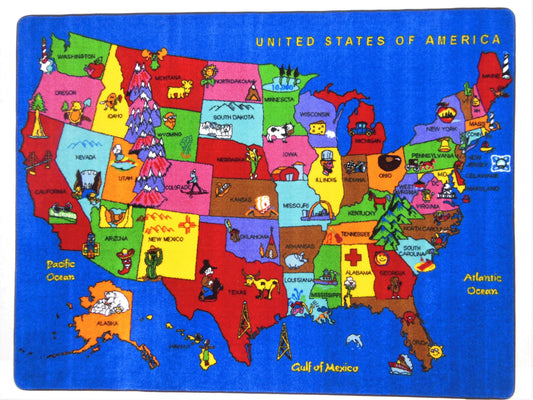USA Cartoon Map Educational Area Rug