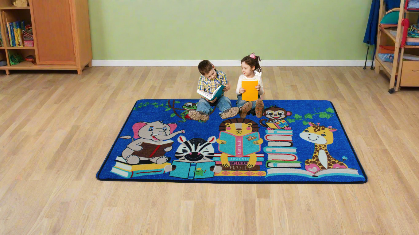 Kids And Animals Reading Books Classroom Rug