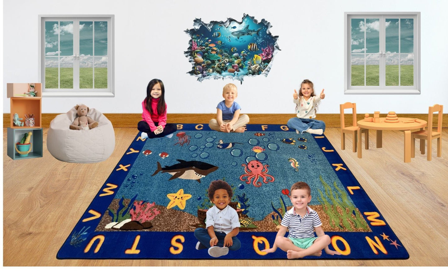 All the Fish in the Sea Underwater Ocean Theme Educational Classroom Area Rug 6'x 9'