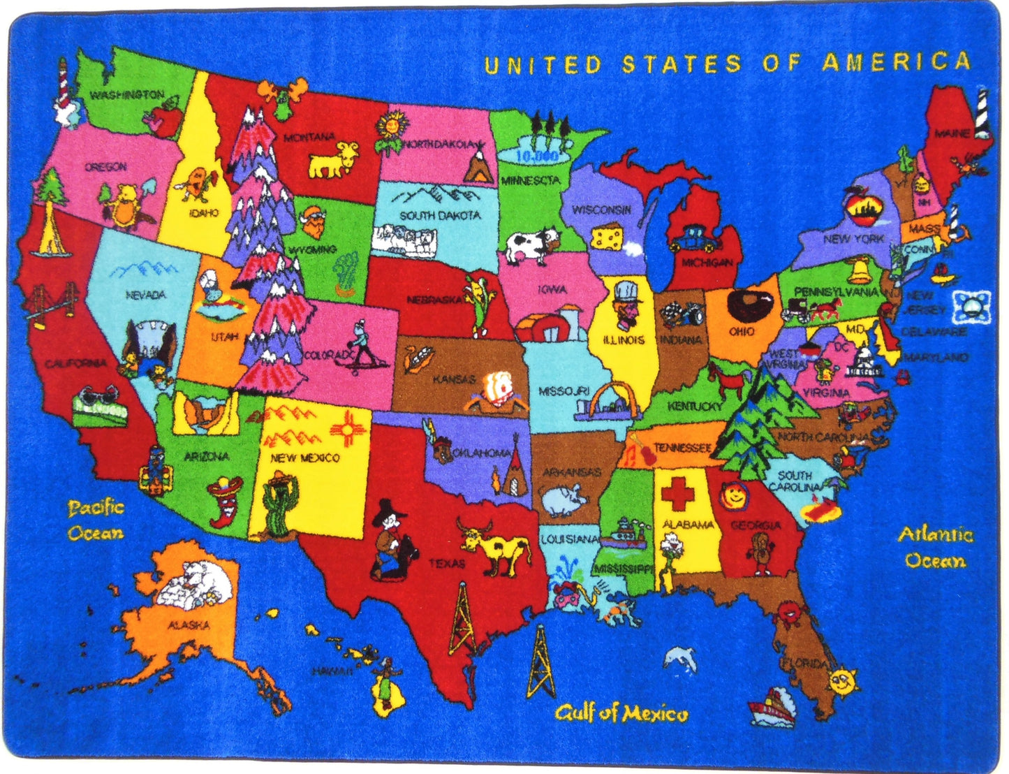 USA Cartoon Map Educational Area Rug
