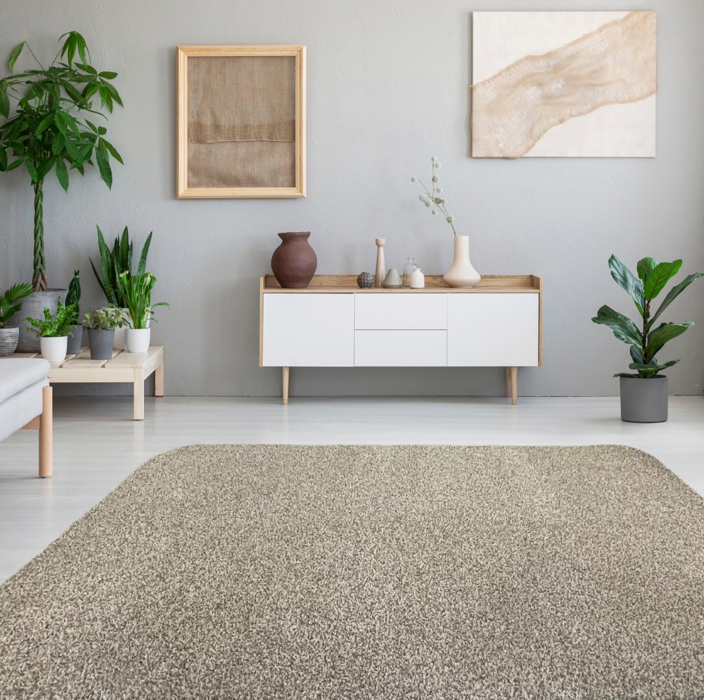 Mingled Brown Frieze Area Rug in living room